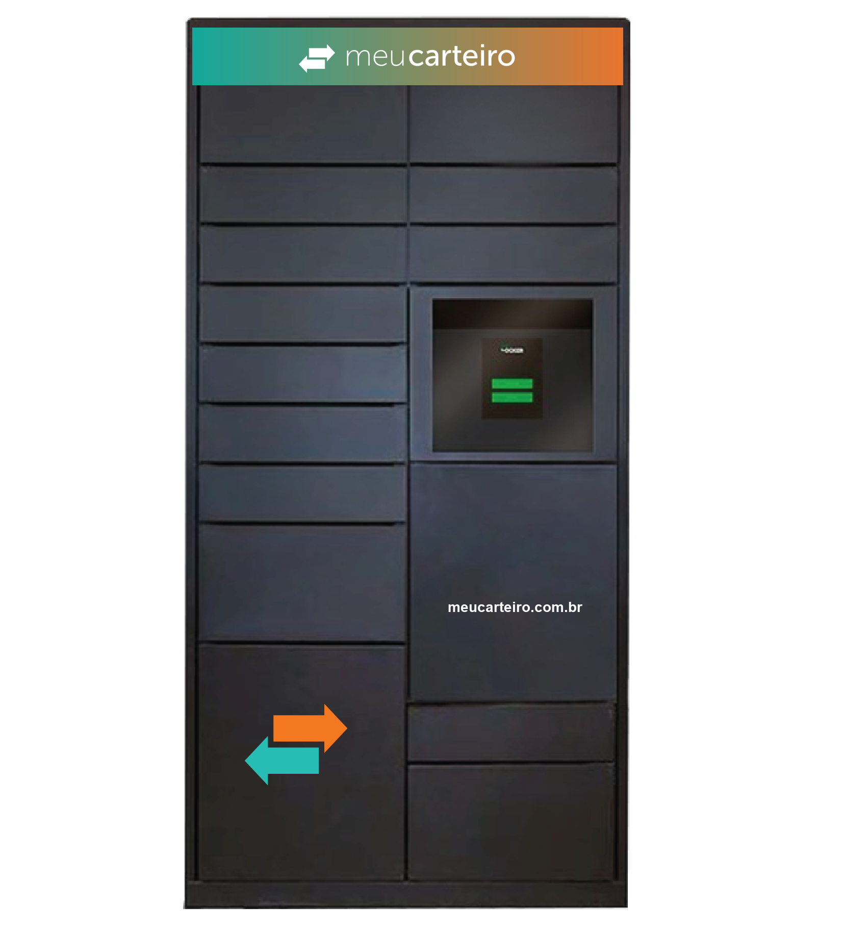 Locker inteligente com a identidade visual do Meu Carteiro — faixa da marca no topo e setas nas portas
